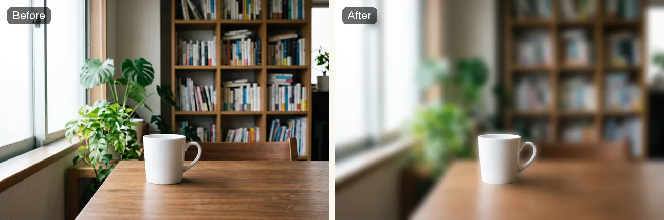 白いマグカップの写真で、背景だけをぼかしたbefore/after