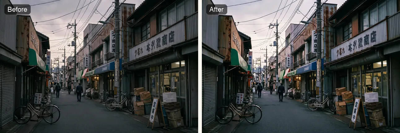 暗い商店街の写真をトーンカーブで明るくしたbefore/after